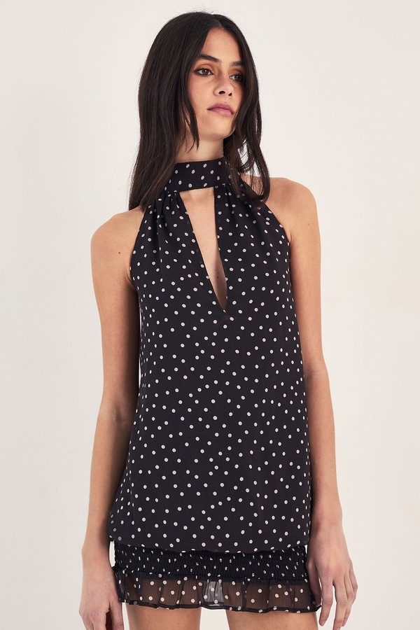 NastyGal Chiffon Polka Dot Neck Tie Elasticated Hem Mini Dress Mono