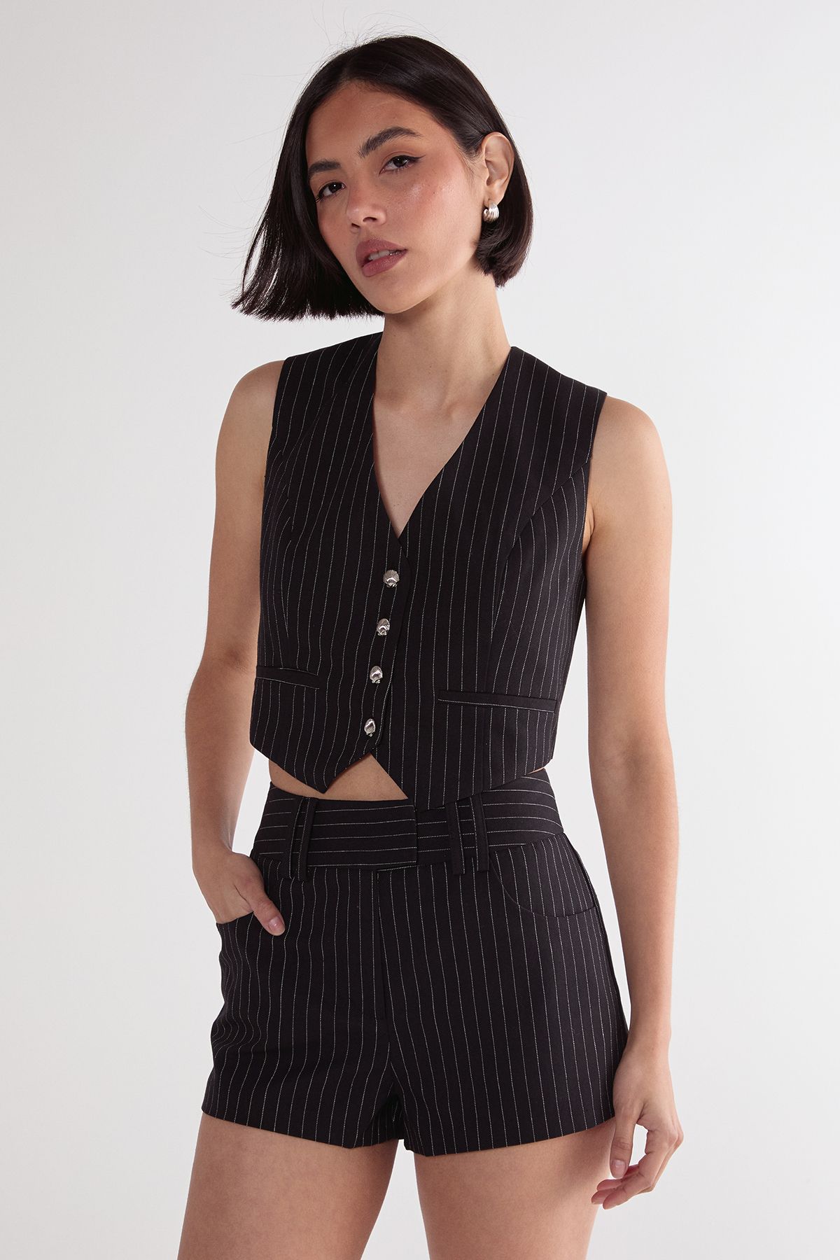 NastyGal Pinstripe Shell Button Waistcoat Black image 2