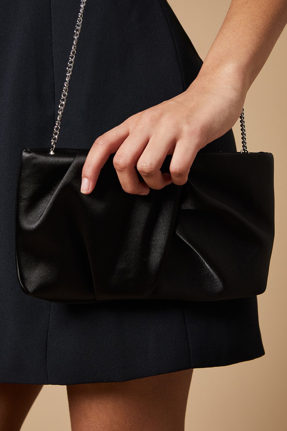 Oasis Ruched Satin clutch Bag with Removable Shoulder Strap Black image 3