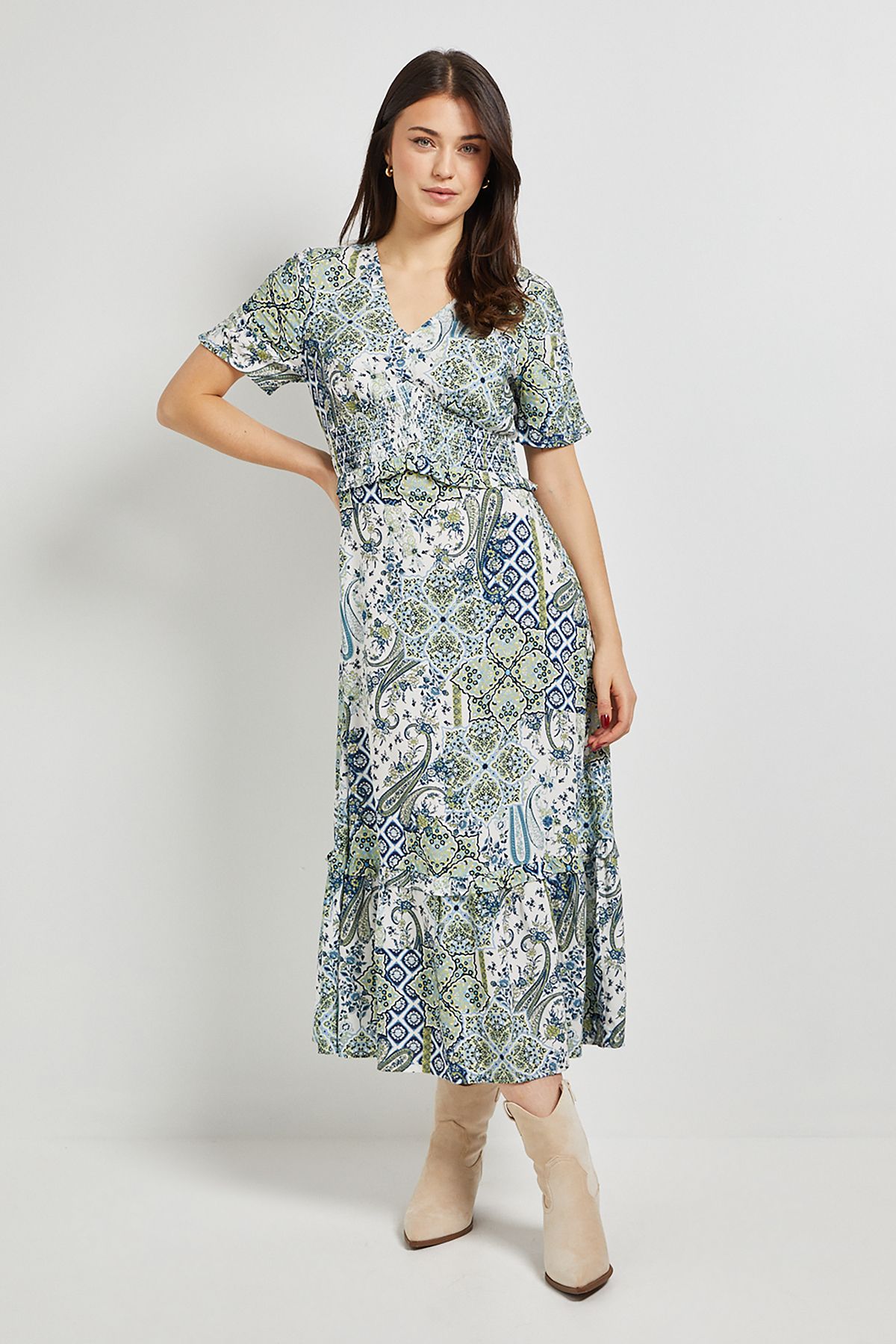 Dorothy Perkins Paisley Shirred Empire Waist Midi Dress Green