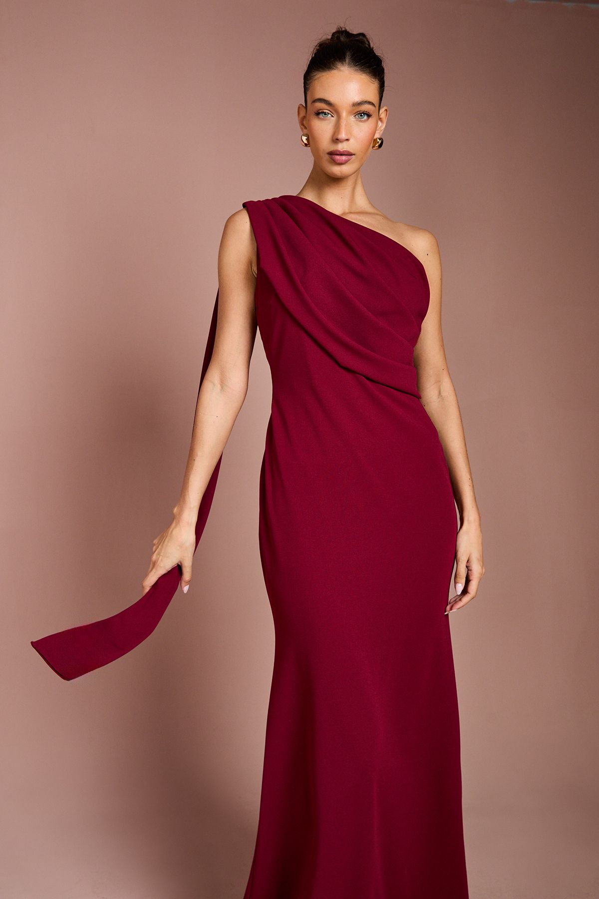 Coast One Shoulder Stretch Crepe Maxi Dress Wine image 2
