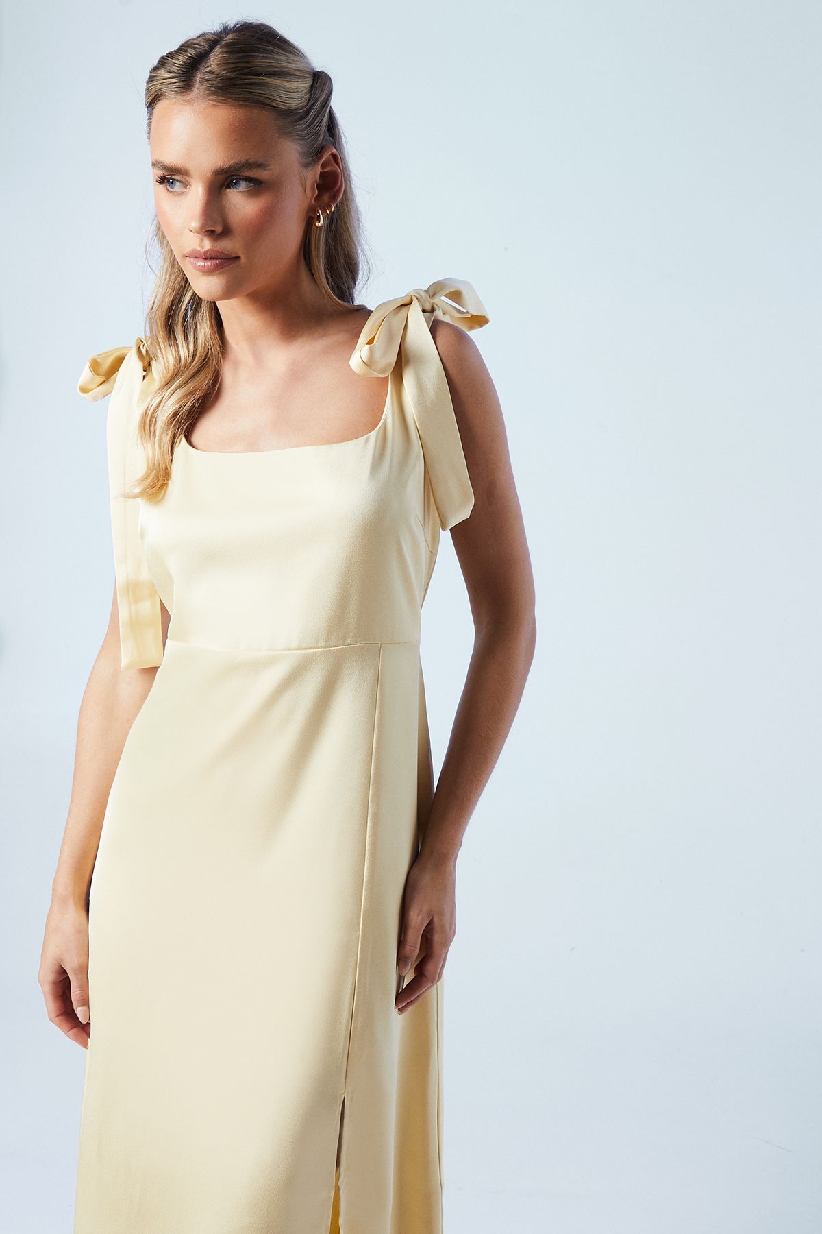 Oasis Oasis by Coast Petite Satin Tie Shoulder Midi Bridesmaid Dress Butter image 2