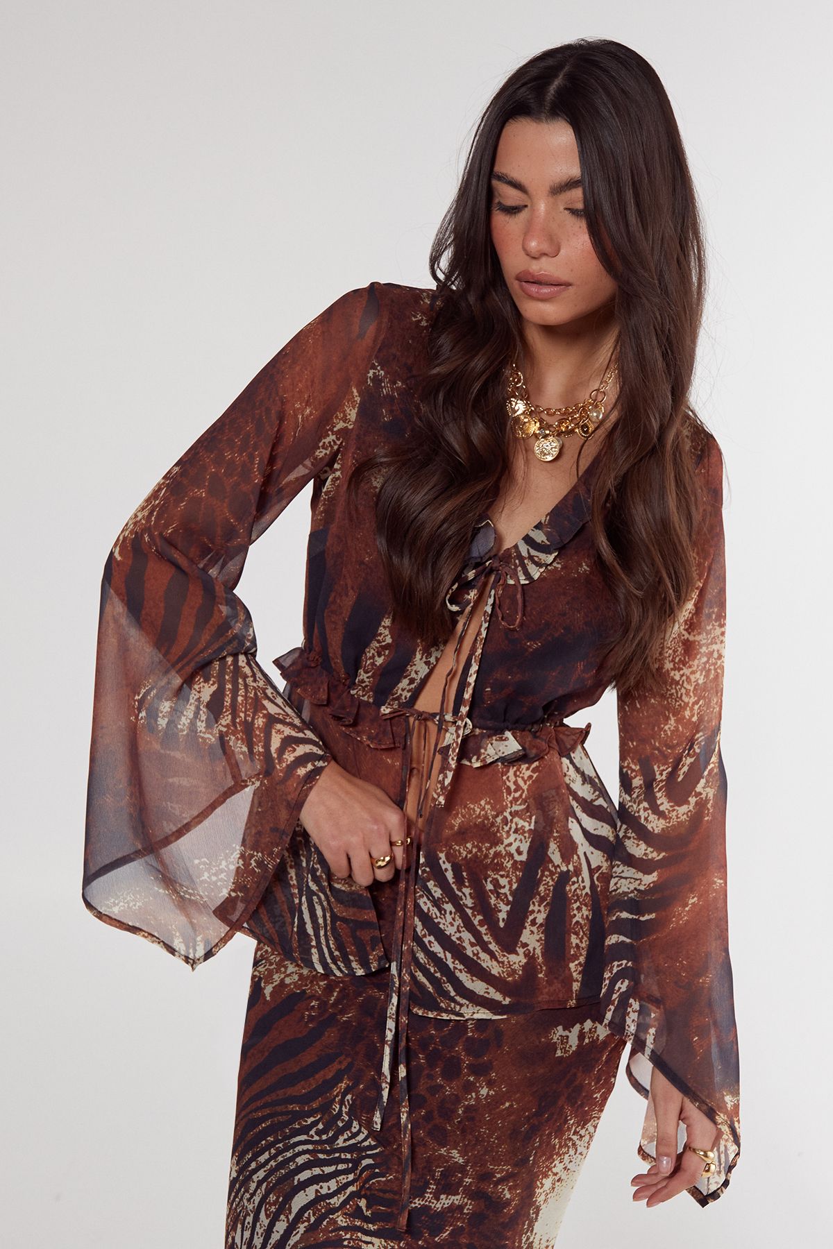 NastyGal Mixed Animal Crinkle Chiffon Ruffle Tie Front Blouse Tan image 1