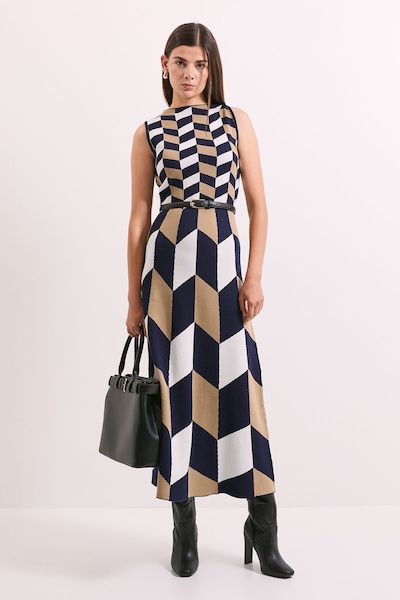 Principles Geo Jacquard Knitted Dress Navy