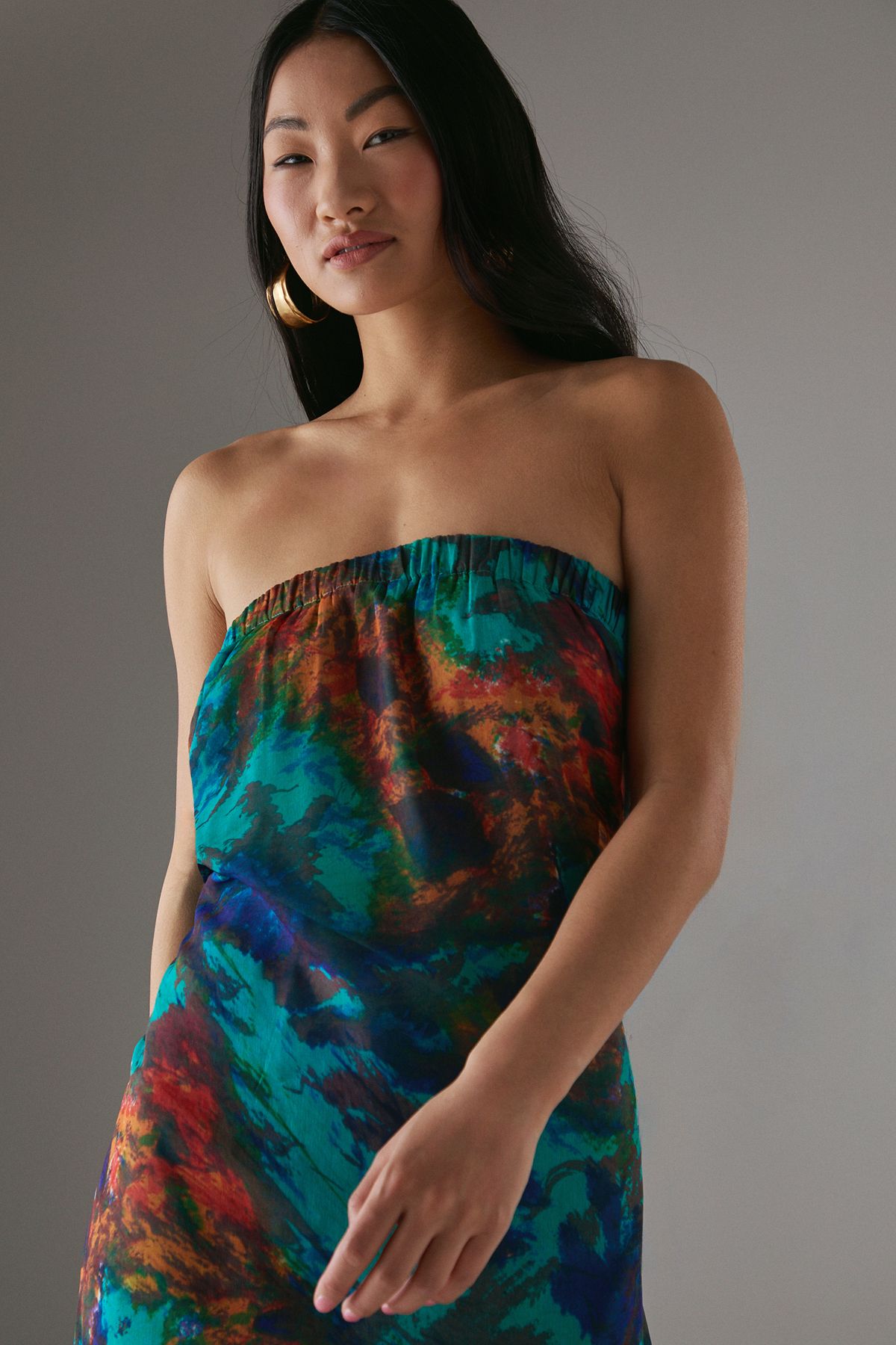 Warehouse Petite Chiffon Elasticated Back Bandeau Maxi Dress Blue image 2