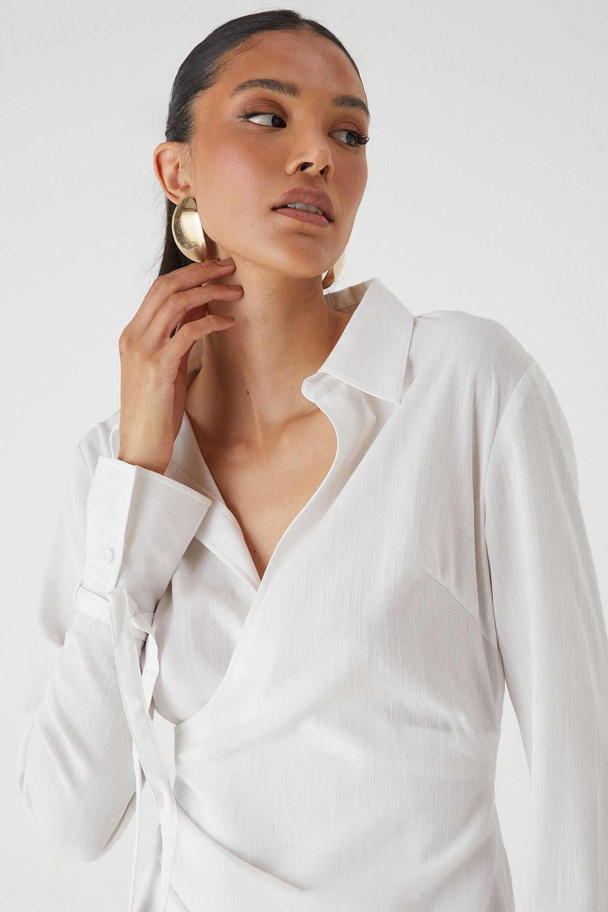 MissPap Linen Ruched Waist Shirt Dress White image 4