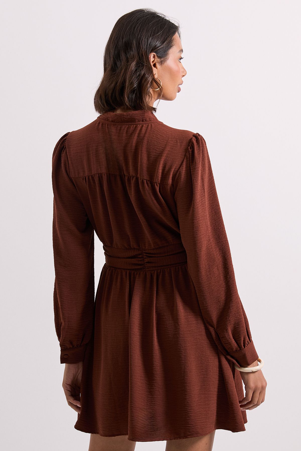 Dorothy Perkins Tie Neck Fit And Flare Mini Dress Chocolate image 3