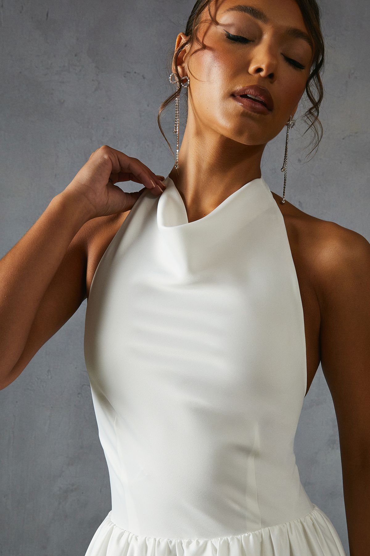 MissPap Satin Cowl Halter Neck Layered Mini Dress White image 2