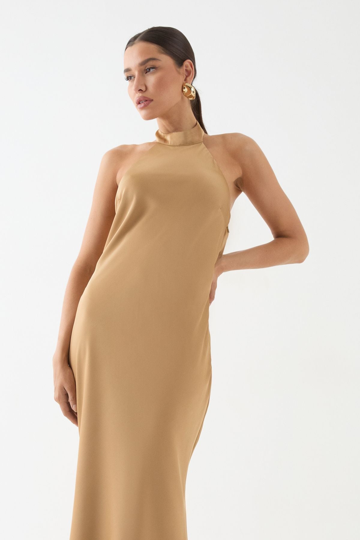 MissPap High Neck Satin Cowl Back Bridesmaid Dress Bronze image 4