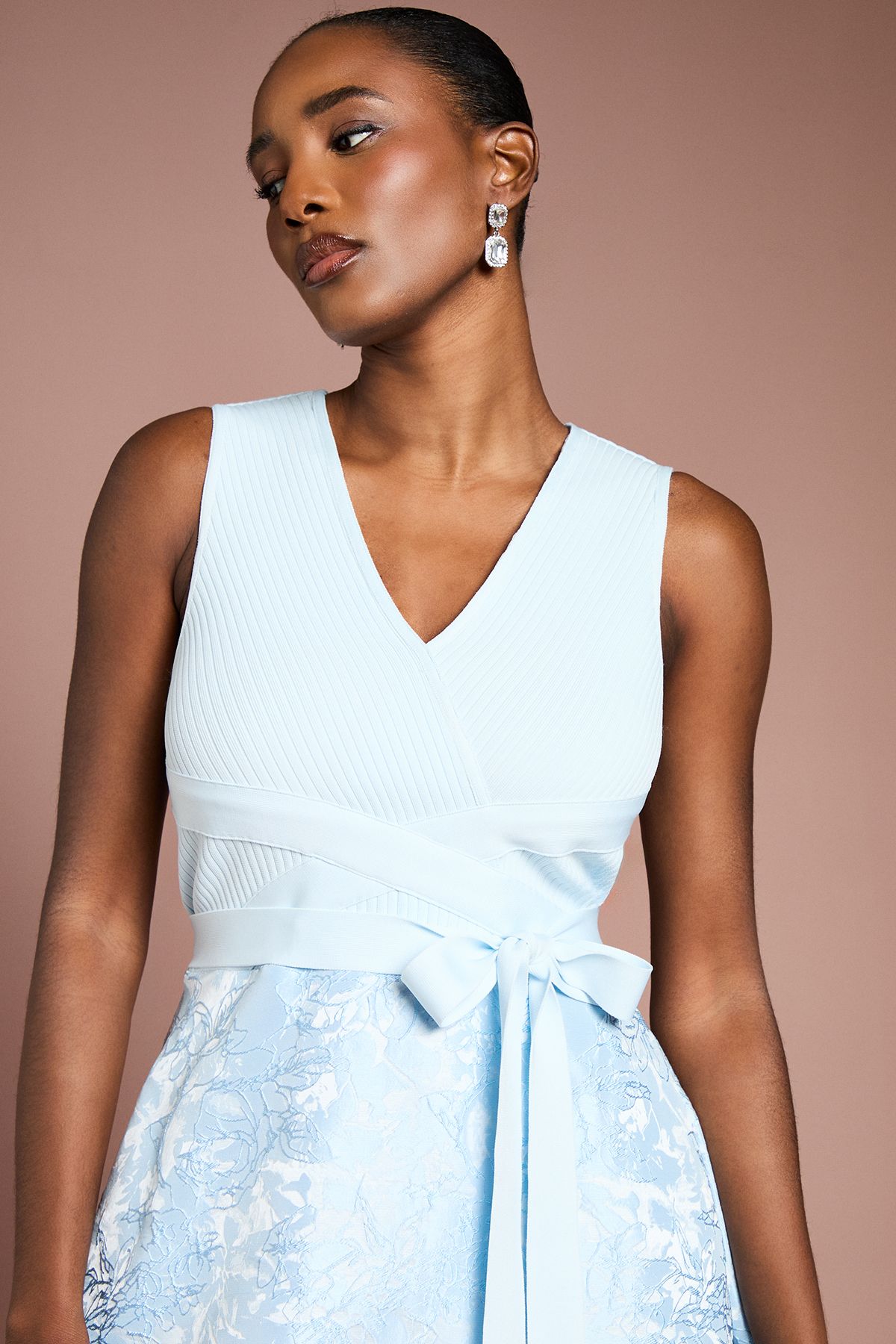 Coast Bandage Bodice Midi Dress with Jacquard Skirt Light Blue image 4