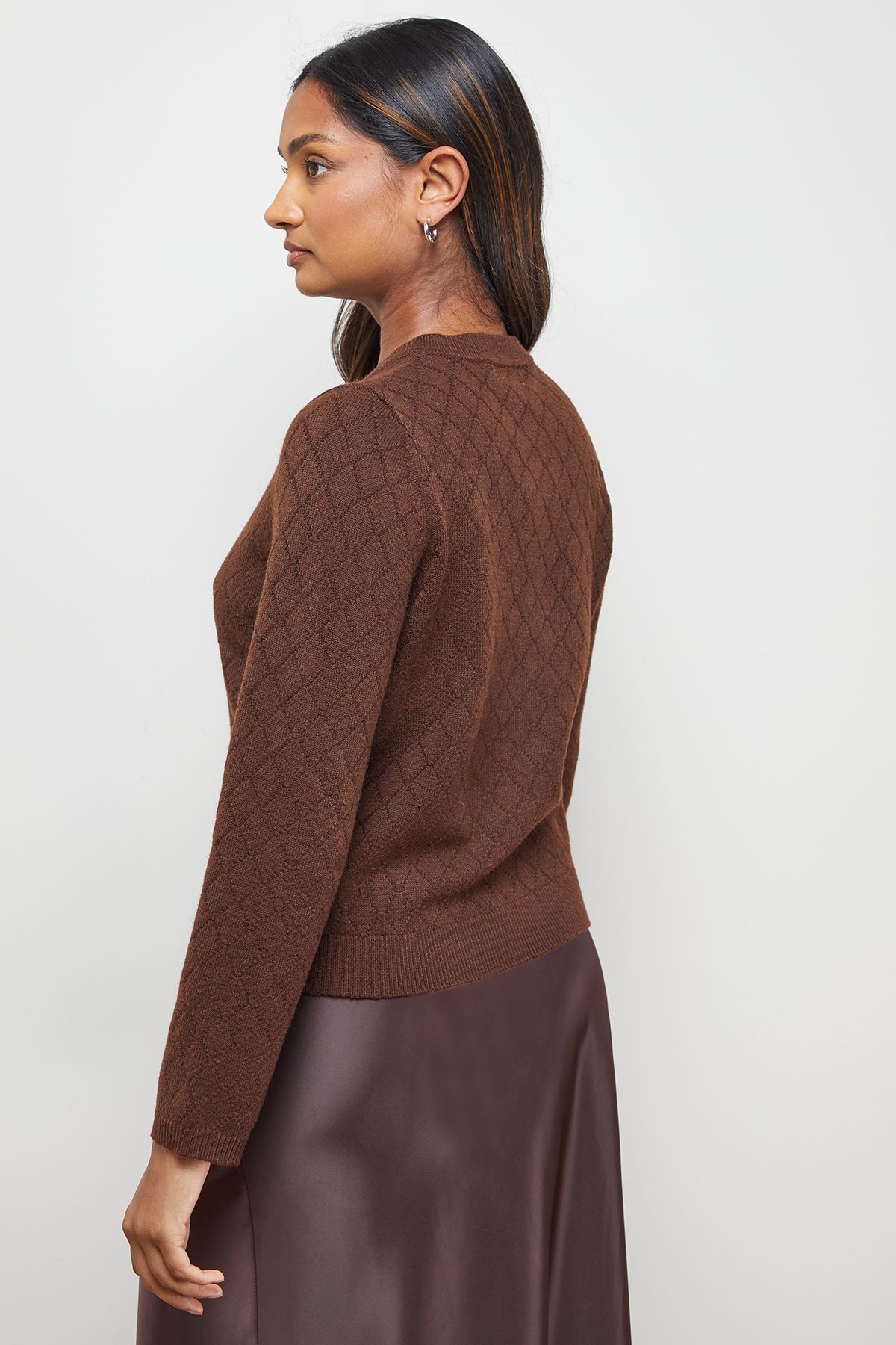 Oasis Heart Button Crew Neck Cardigan Chocolate image 3