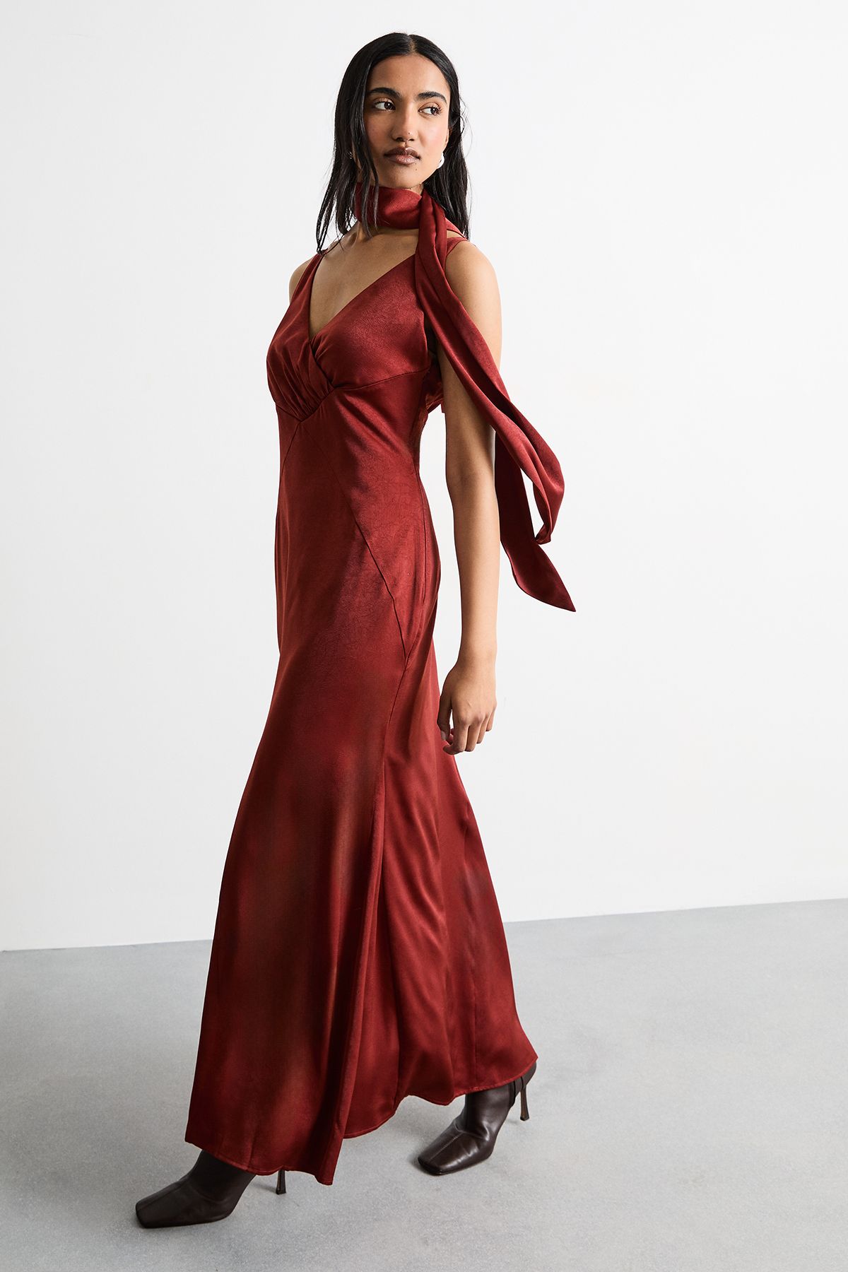 Warehouse Plain Scarf Detail Tie Neck Maxi Dress Rust image 1