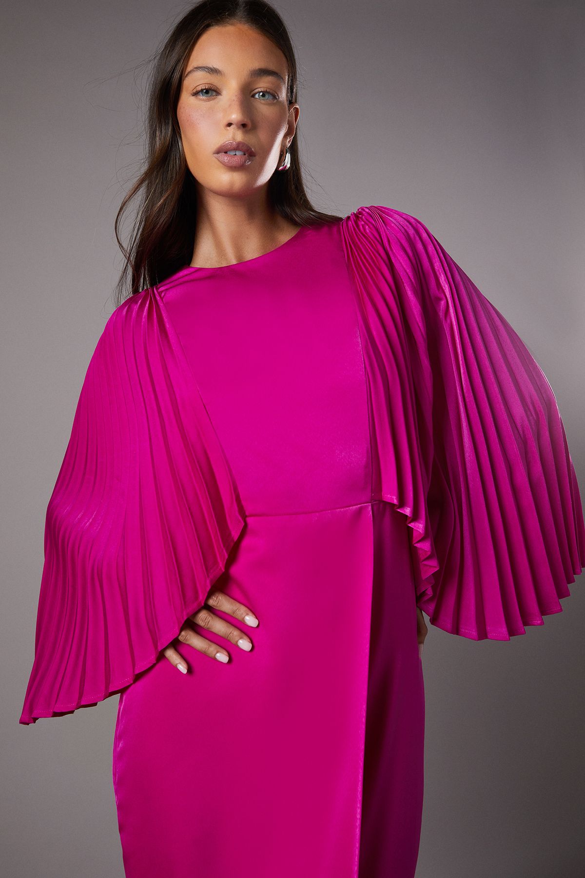 Coast Short Sleeve Pleated Cape Satin Maxi Dress Magenta image 4