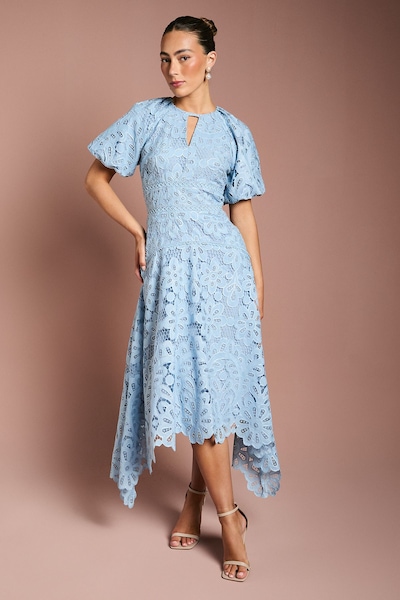 Coast Lace Hanky Hem Puff Sleeve Dress Light Blue