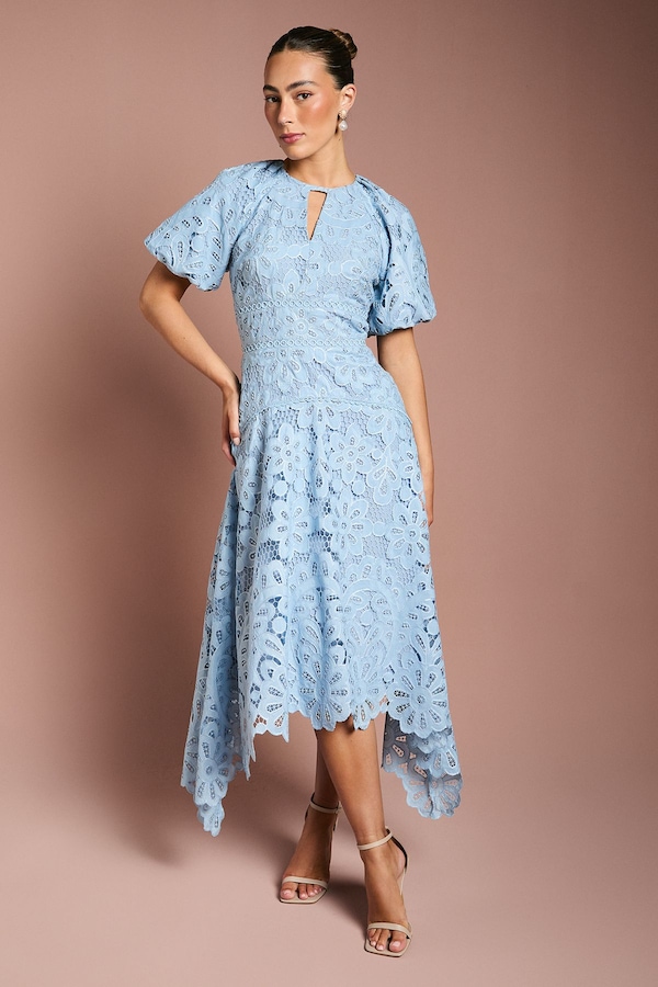 Coast Lace Hanky Hem Puff Sleeve Dress Light Blue