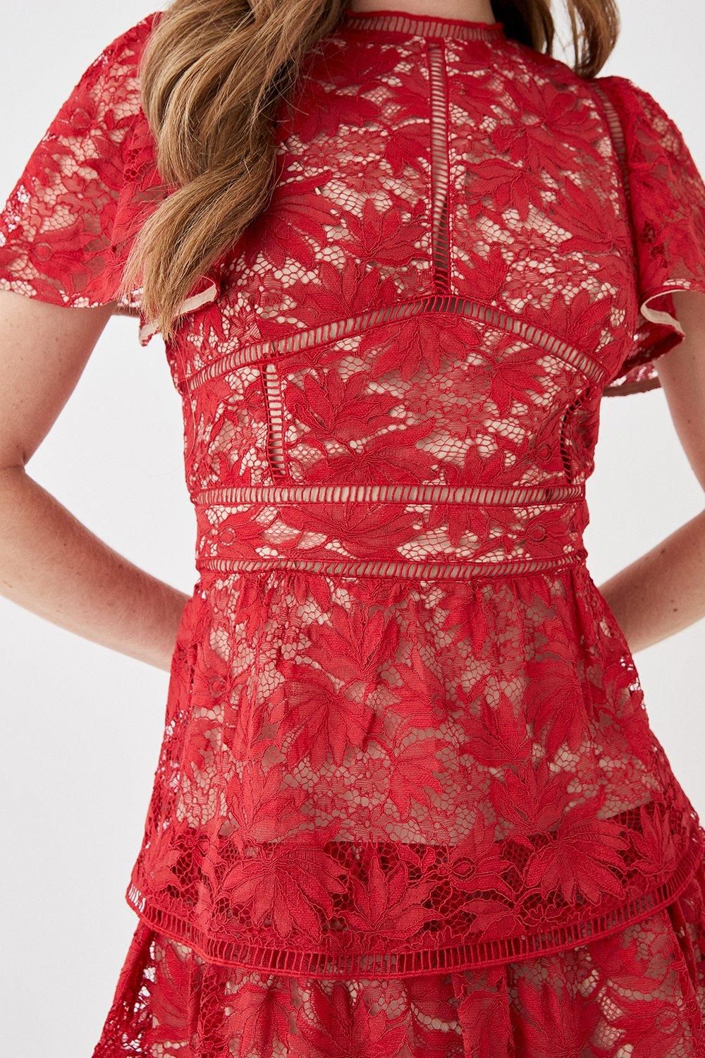 Coast Tiered Lace Dress With Flutter Sleeve & Trims Red image 4