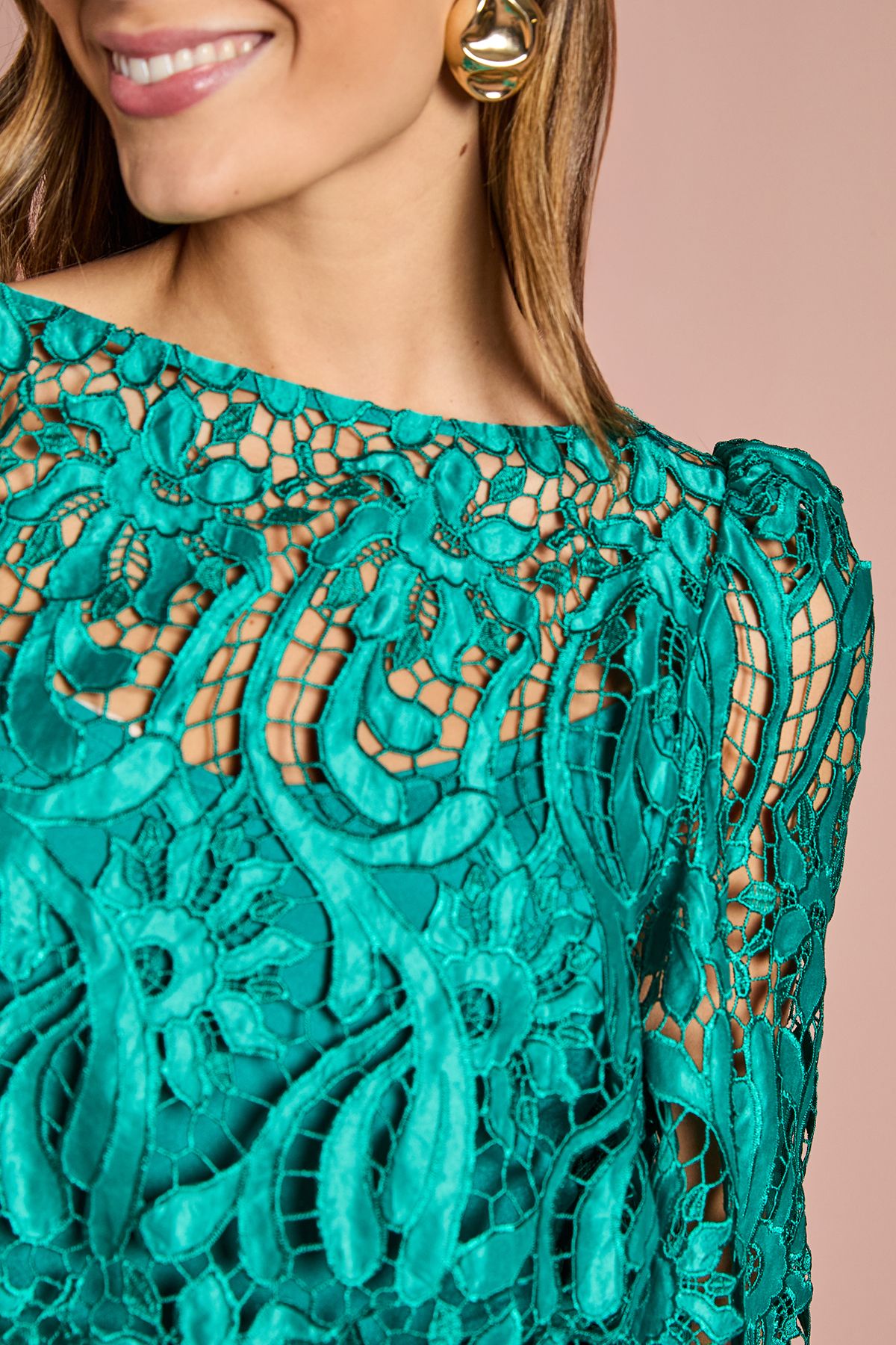 Coast Satin Lace Boat Neck Midi Dress With Fluted Sleeve Emerald image 5