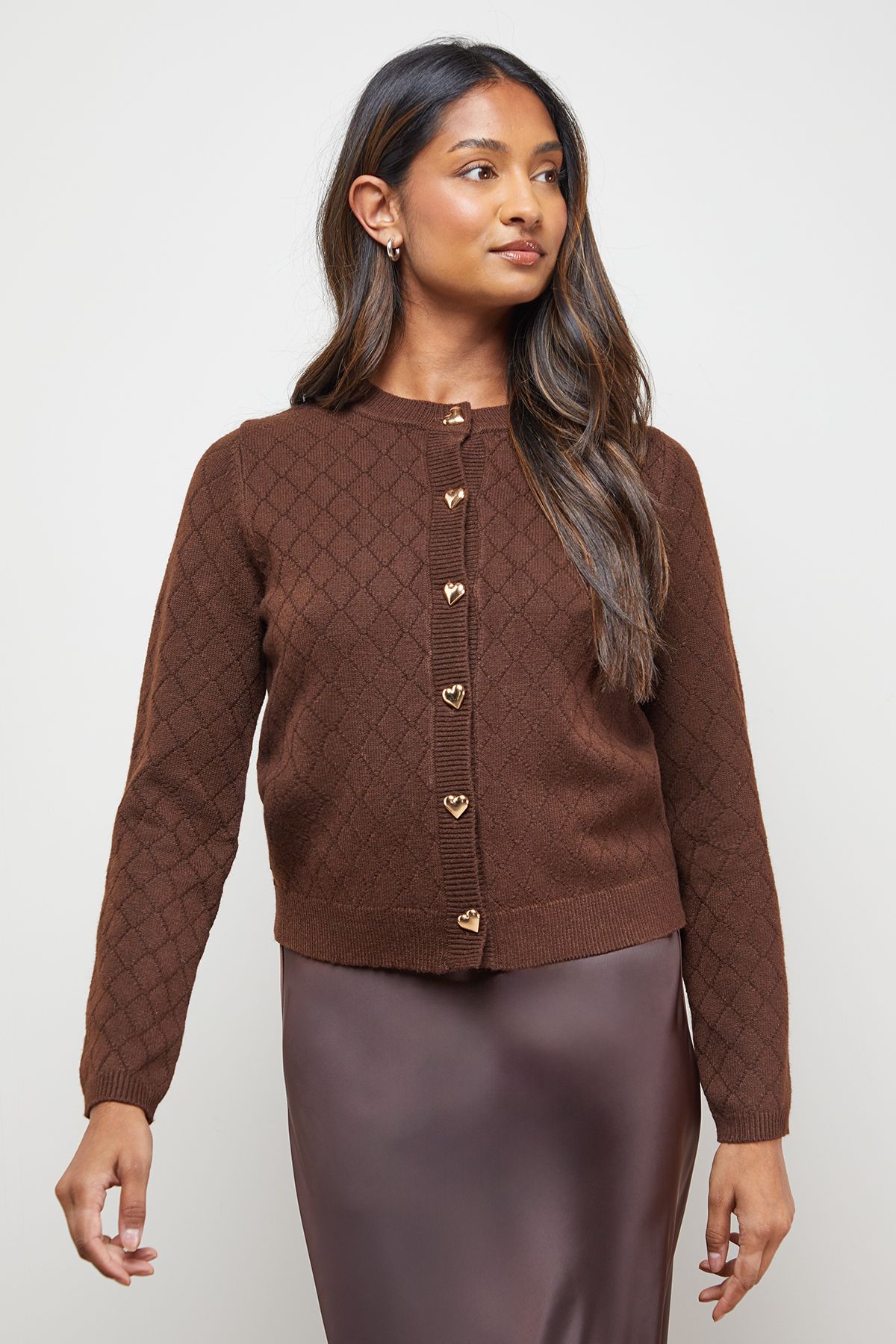 Oasis Heart Button Crew Neck Cardigan Chocolate image 4