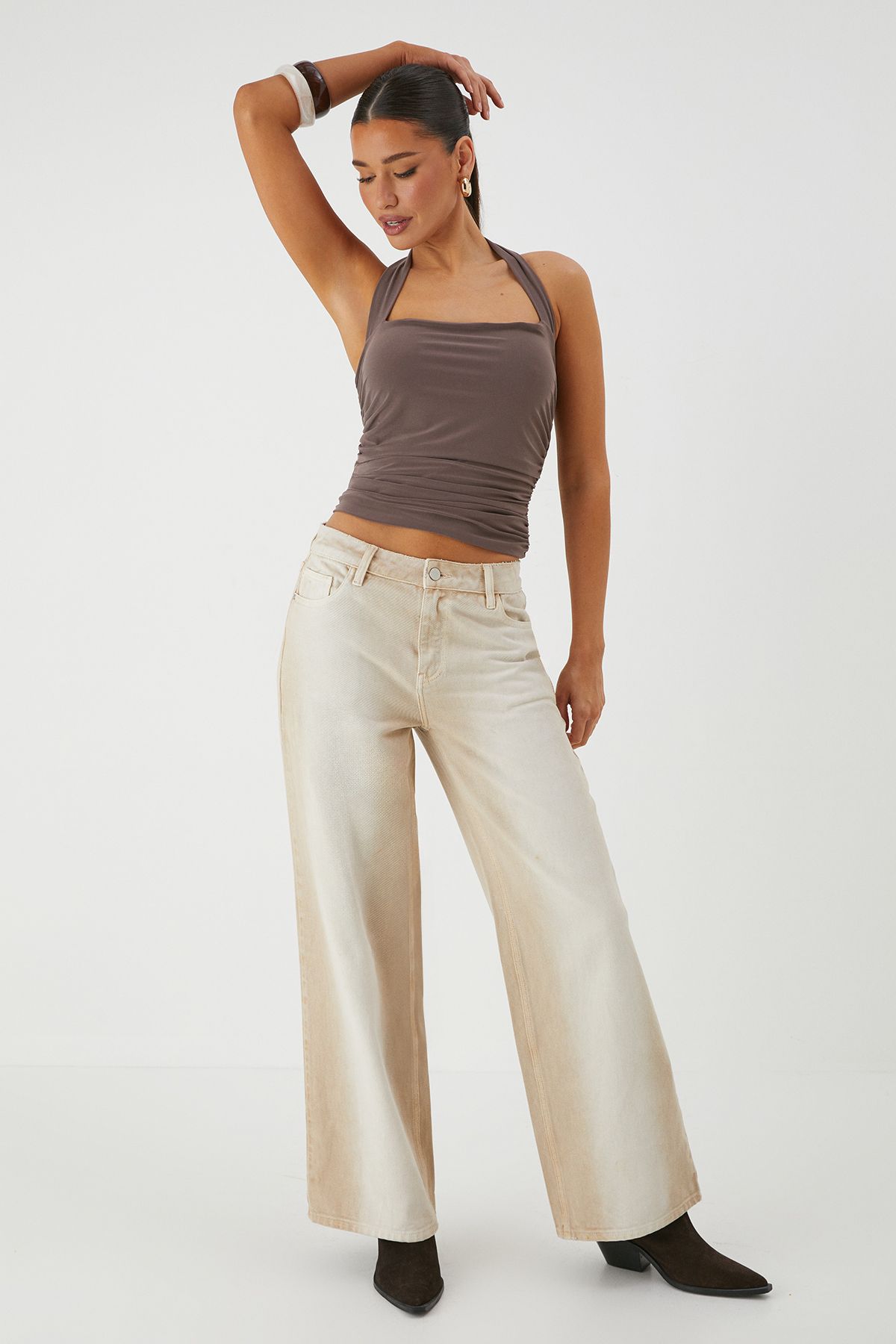 MissPap Square Hater Neck Ruched Top Mocha image 2