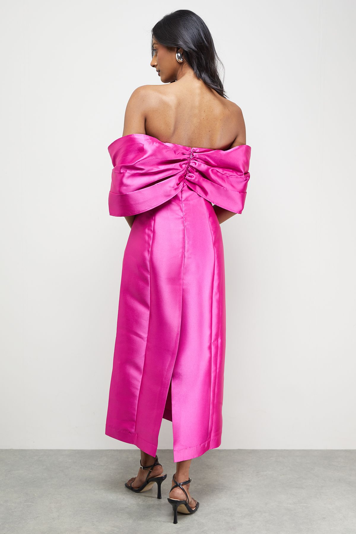 Warehouse Satin Twill Notch Front Bardot Midi Dress Pink image 3