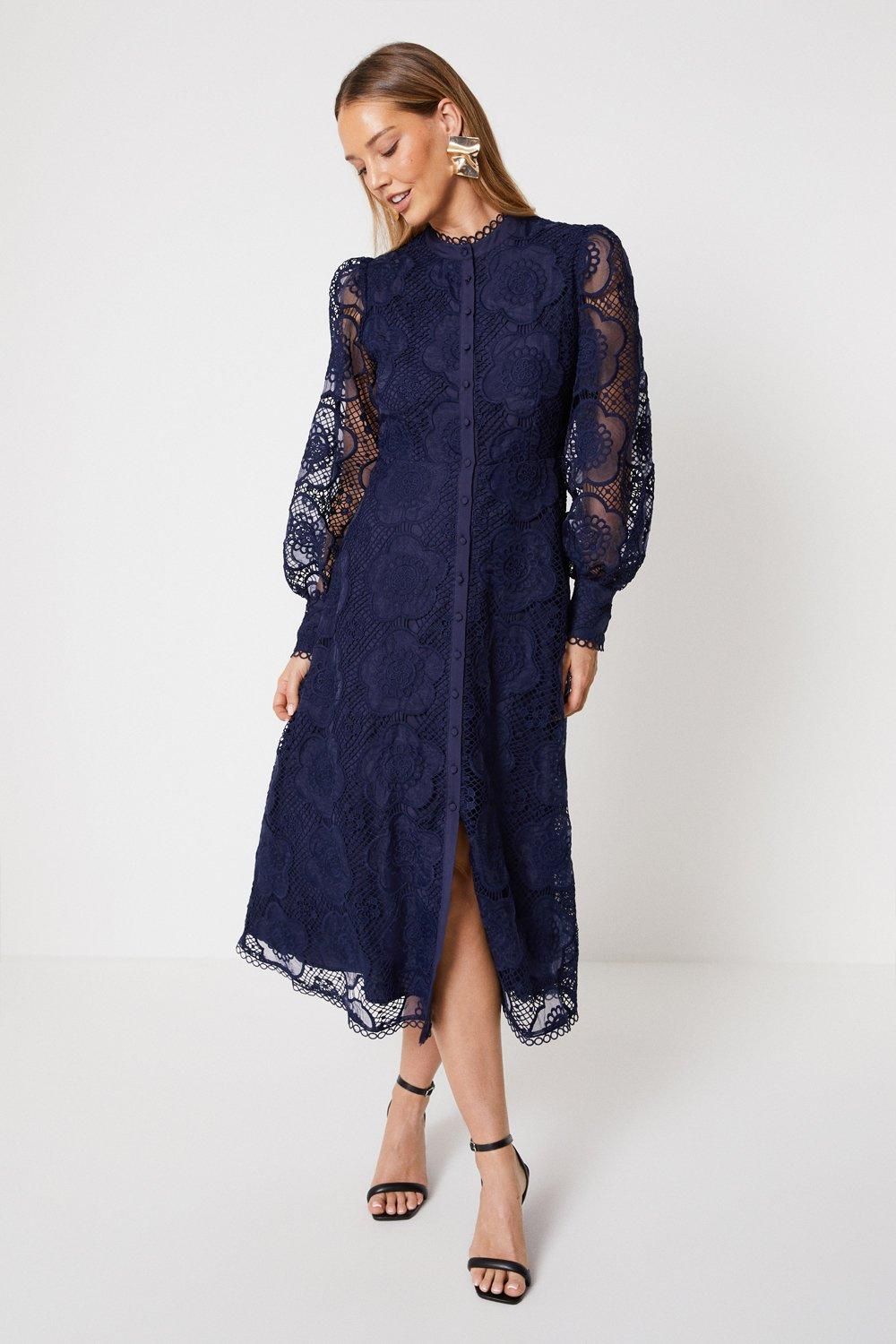 Oasis Premium Organza Lace Trim Midi Shirt Dress Navy image 4