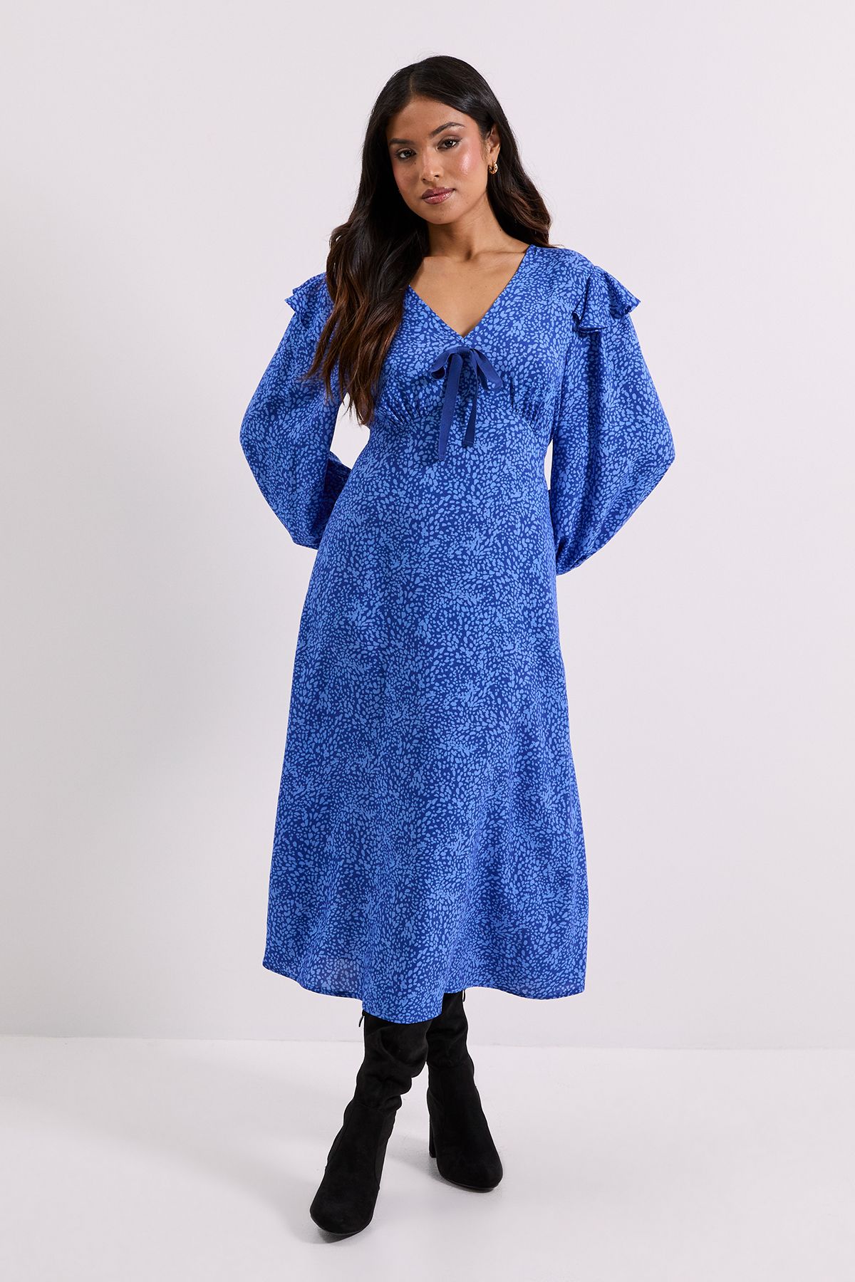 Dorothy Perkins Petite Blue Animal Contrast Bow Detail Frill Printed Midaxi Dress Animal image 1