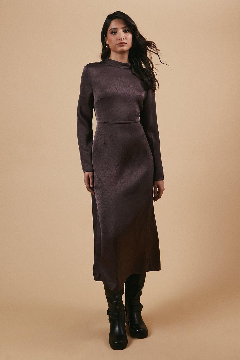 Oasis Satin High Neck Twist Back Midi Dress Mauve image 1