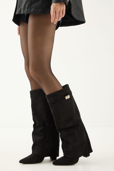 MissPap Faux Suede Foldover High Block Knee High Boots Natural Black