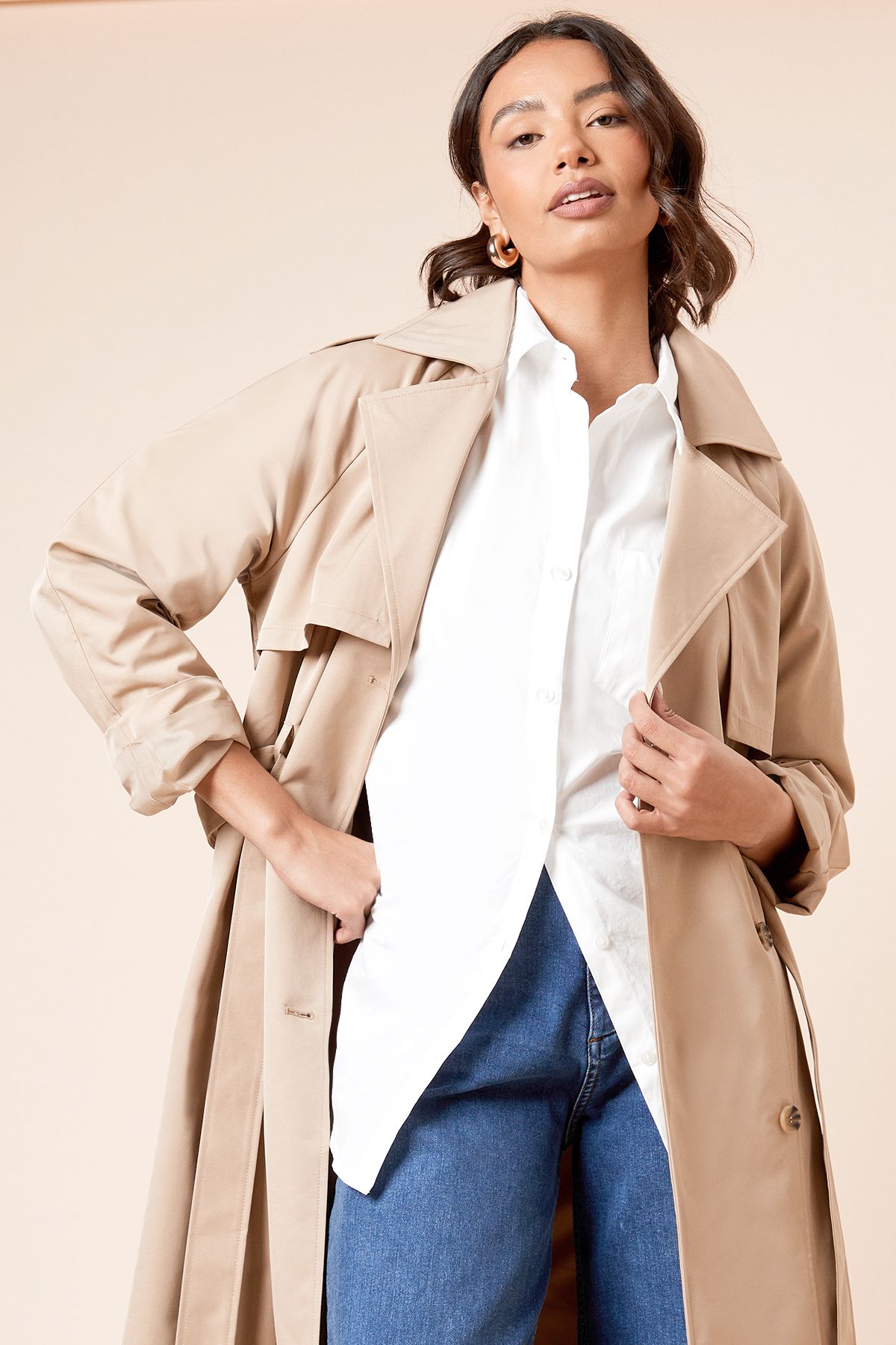 Dorothy Perkins Stone Longline Double Breasted Belted Trench Coat