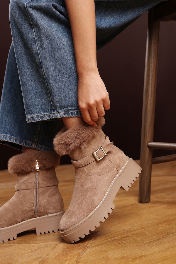 Where's That From 'Rayne' Suede Low Heel Ankle Boots with Faux Fur Cuff Buckle Detail