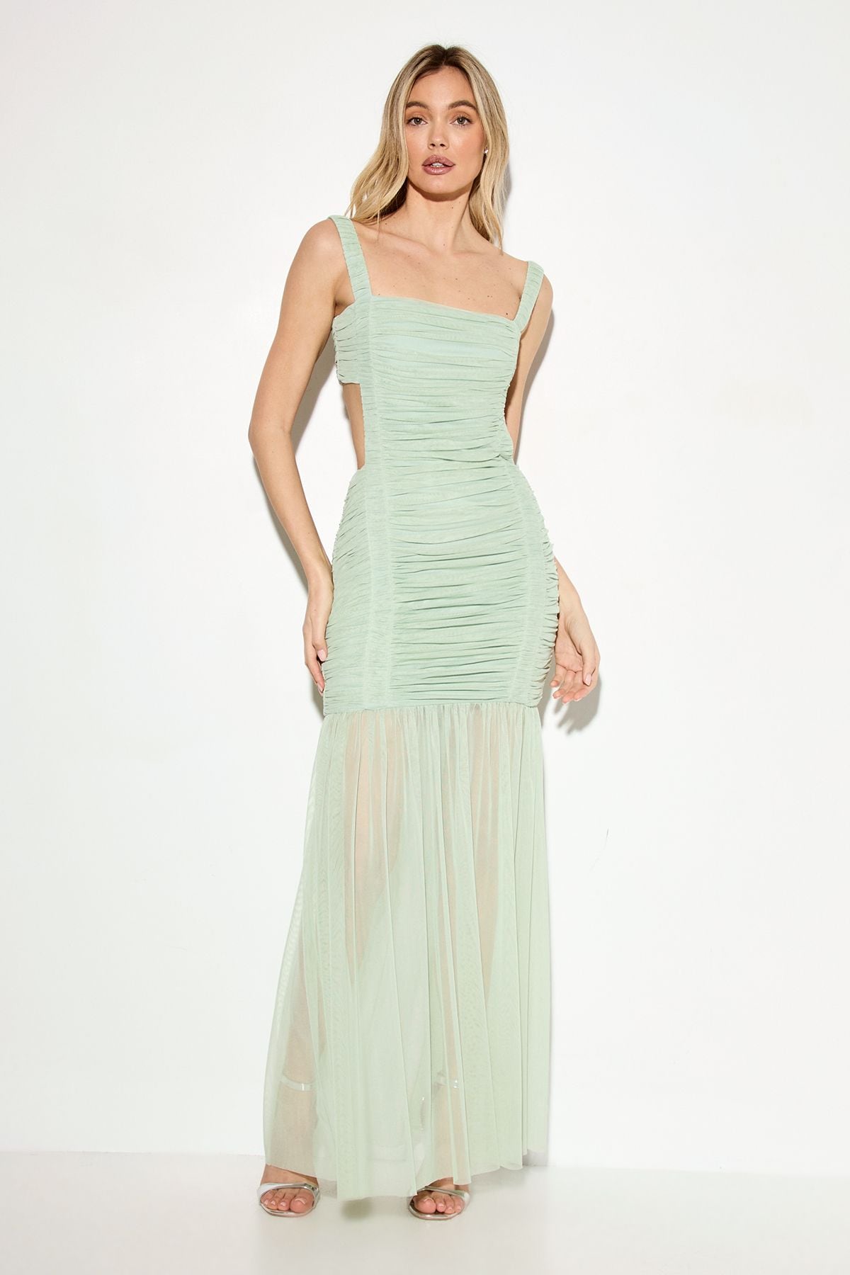 MissPap Open Back Mesh Ruched Maxi Dress Mint image 2