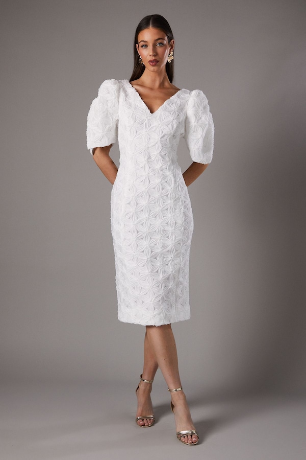 Coast Floral Pleated Sleeve Pencil Dress Ivory