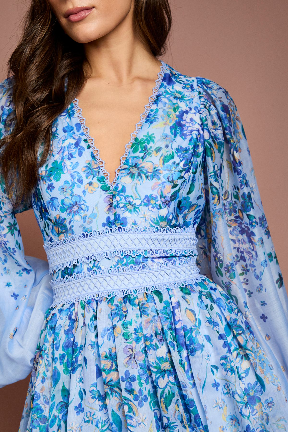 Coast Organza Floral Placement Lace Trim Midaxi Dress Light Blue image 5