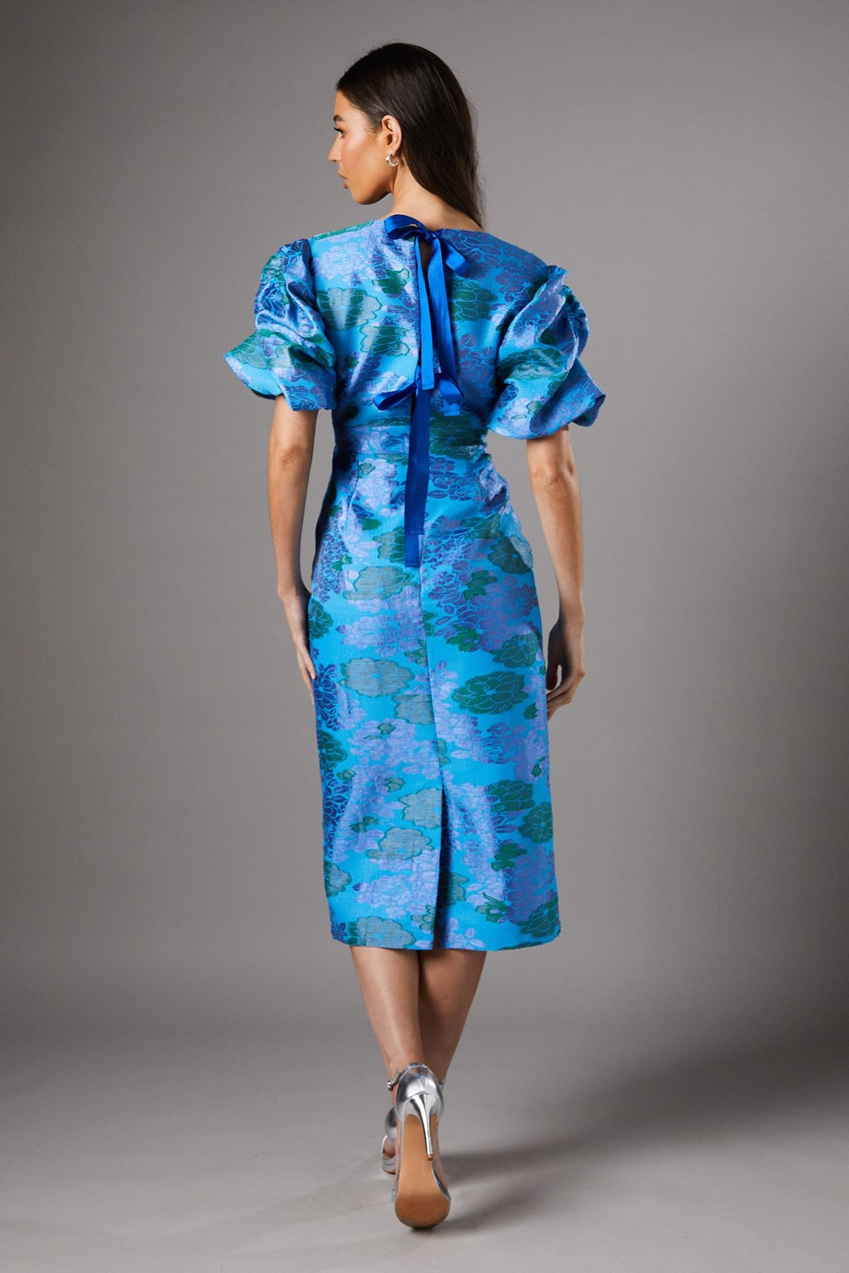 Coast Blue Floral Puff Sleeve Midi Dress Blue image 3
