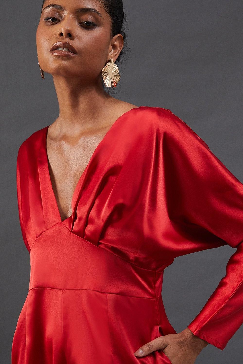 Warehouse Satin Batwing Wide Leg Jumpsuit Red image 2