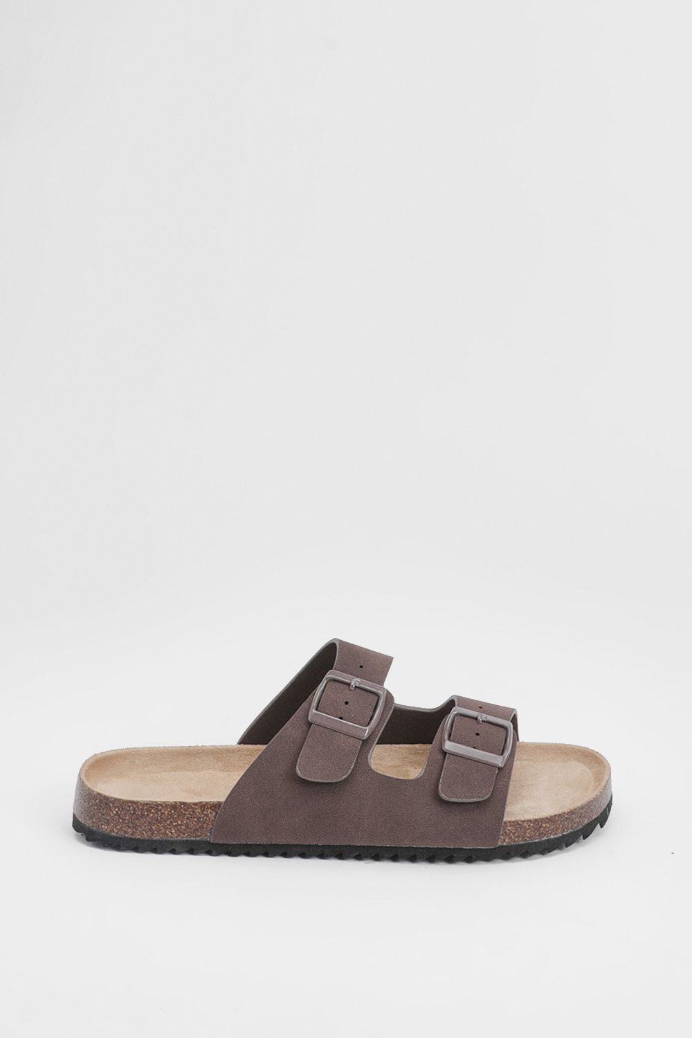 MissPap Chocolate Faux Nubuck Suede Double Buckle Footbed Sliders Chocolate