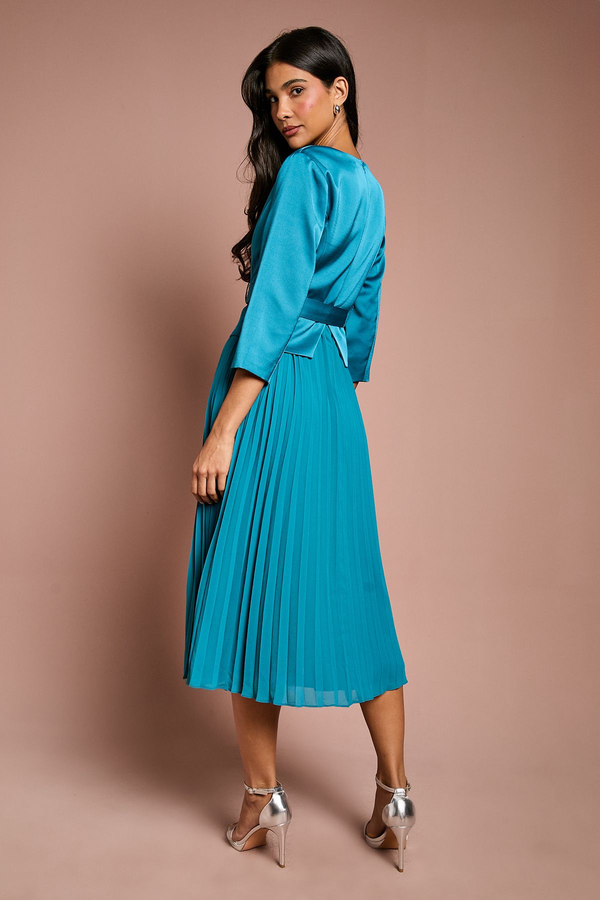 Coast Satin Bodice ¾ Sleeve Pleat Skirt Belted Midi Wedding Guest Dress Teal image 3