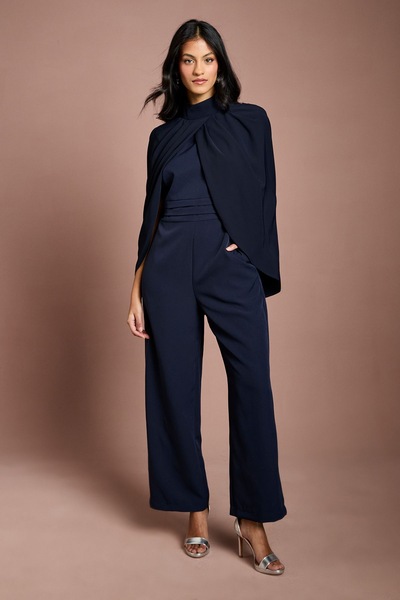 Coast Petite High Neck Cape Sleeve Wide Leg Jumpsuit Navy