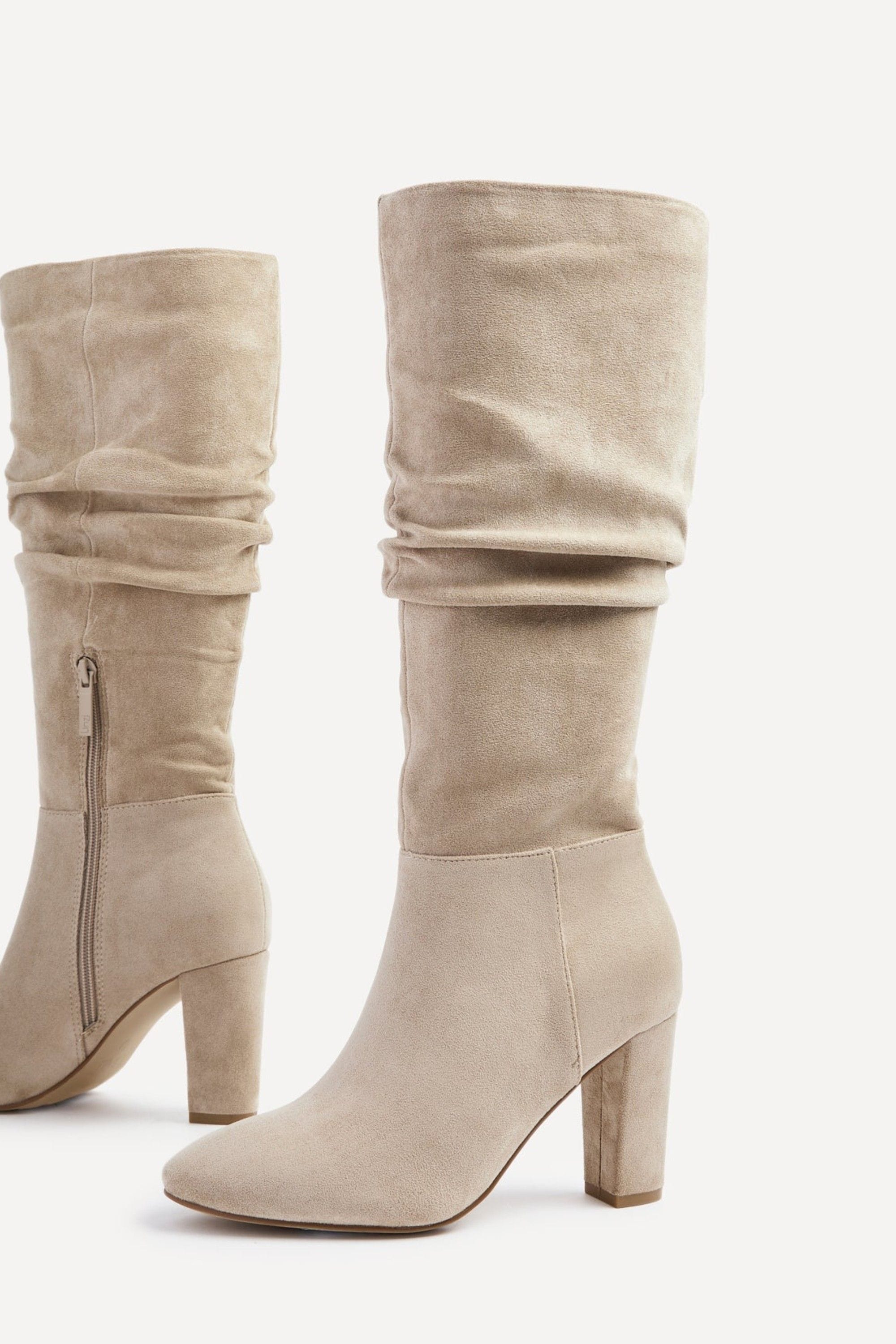 Linzi Aura Beige Faux Suede Ruched Knee High Heeled Boot image 5
