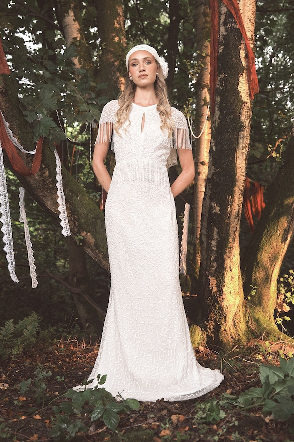 Coast Fringe Embellished Cape Wedding Dress Ivory