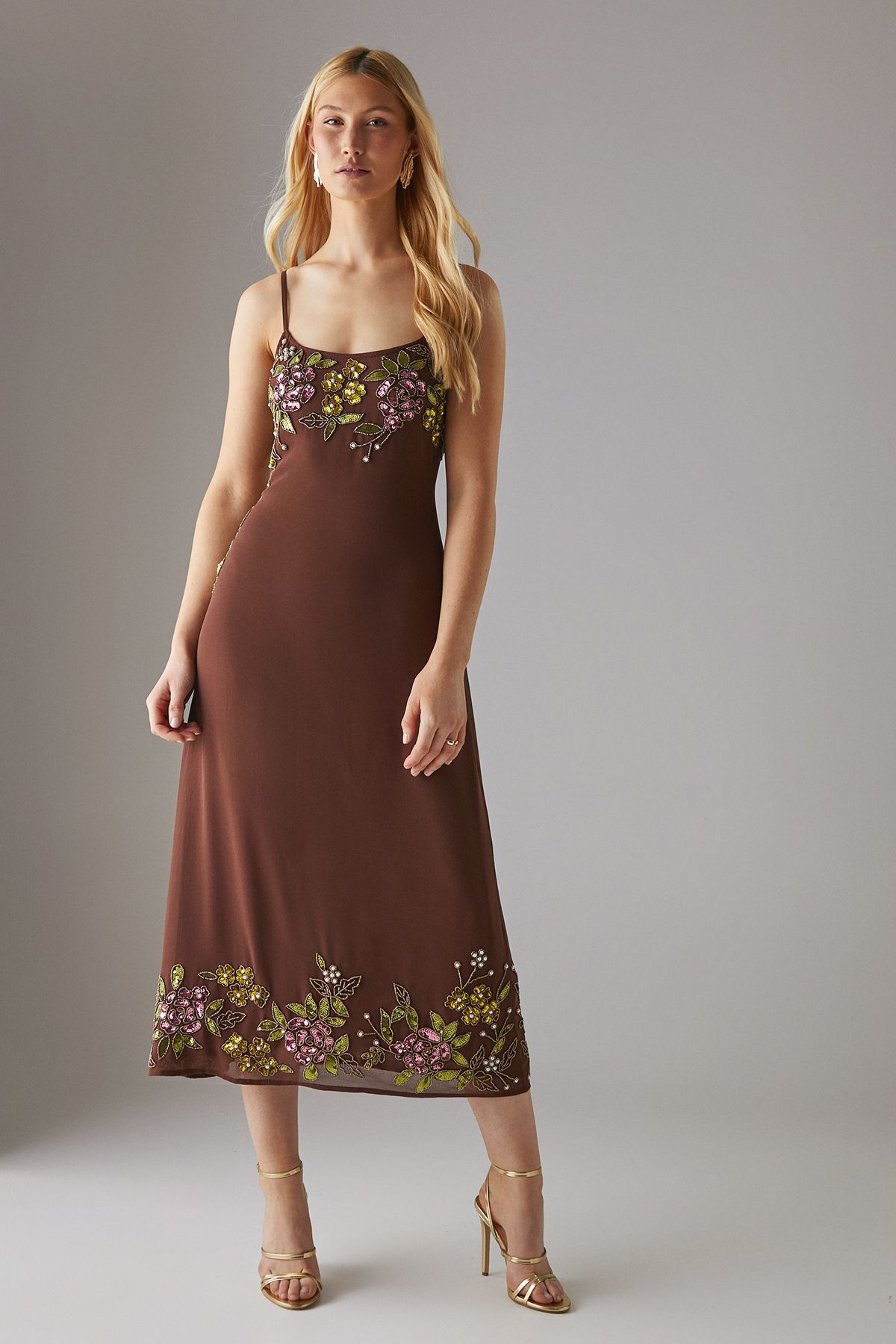 Warehouse Hand Embellished Strappy Bias Sequin Midi Dress Chocolate image 1