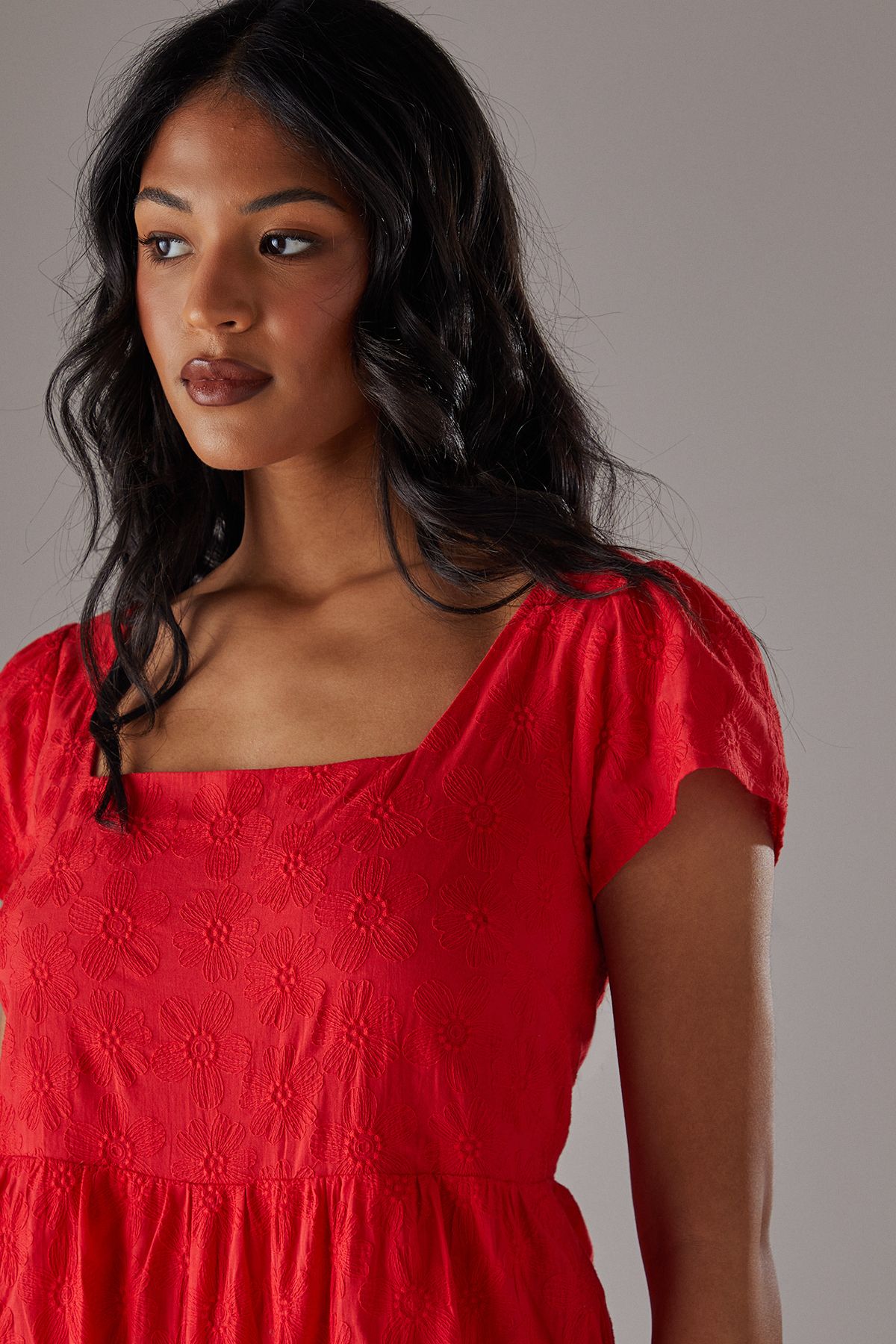 Warehouse Floral Cotton Square Neck Babydoll Playsuit Red image 3