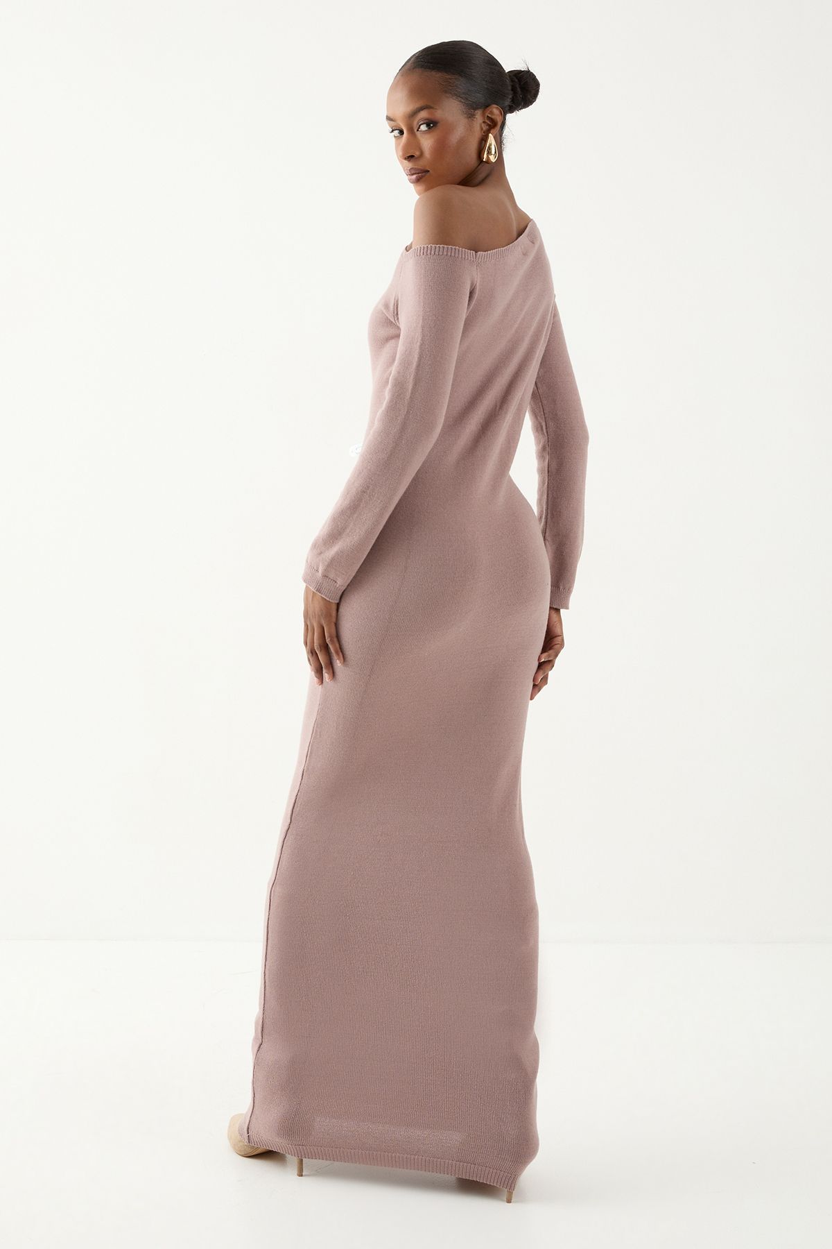 MissPap Knitted Asymmetric Neckline  Midaxi Dress Taupe image 4