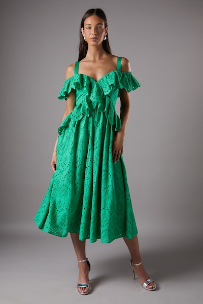 Coast Strappy Cold Shoulder Broderie Frill Midi Dress Green