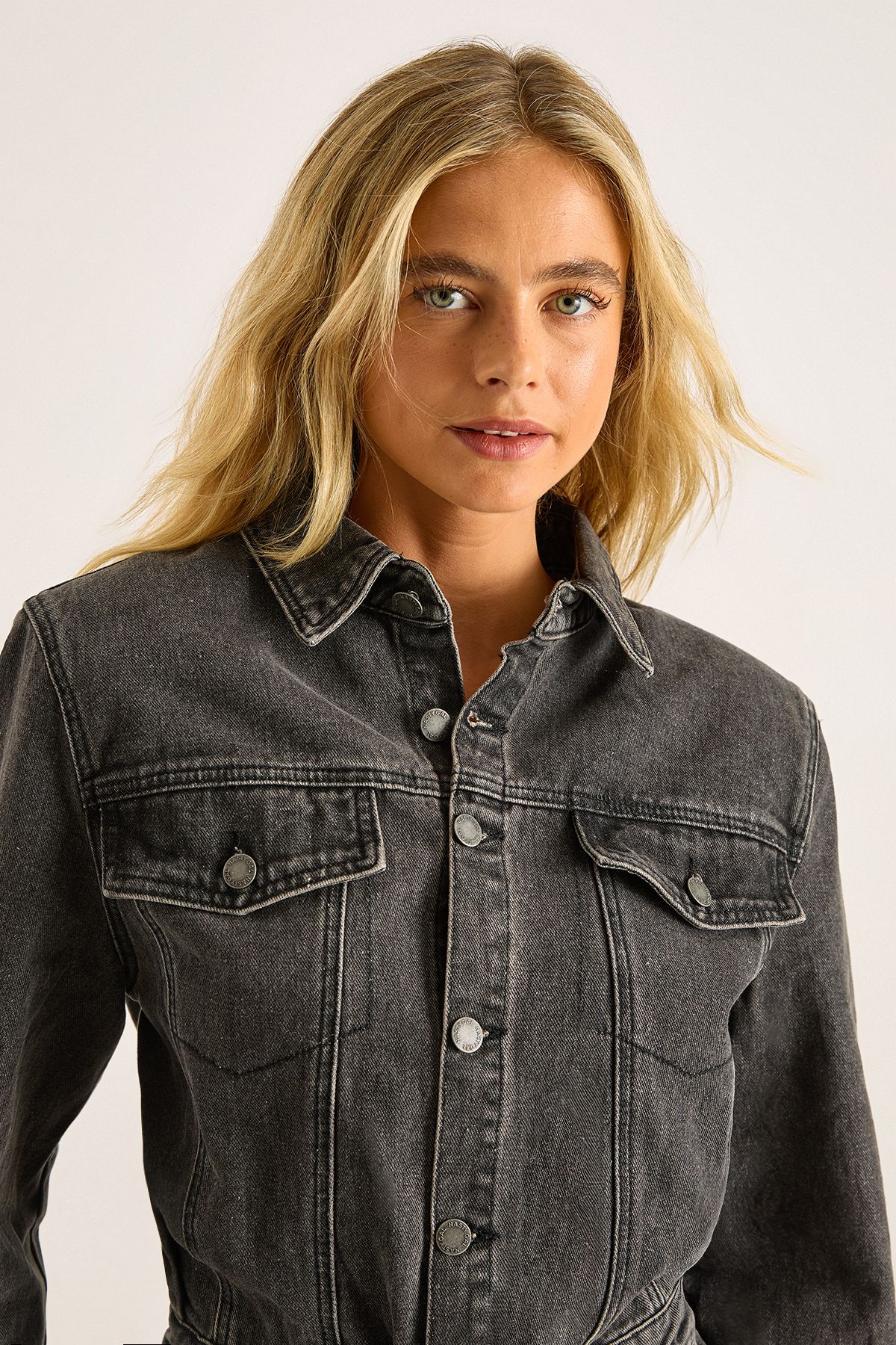 NastyGal Denim Shoulder Pad Boilersuit Washed Black image 2