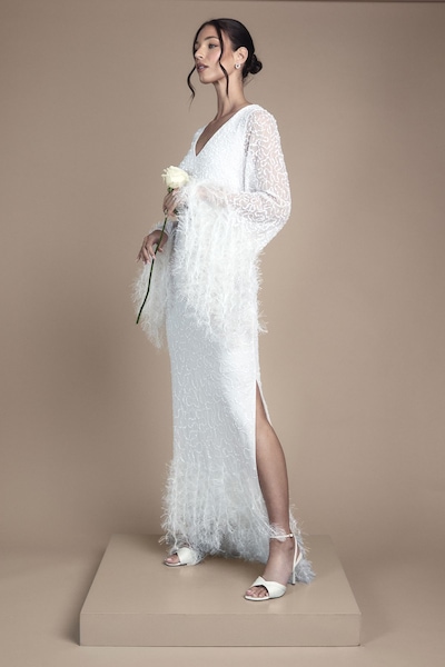 Coast Sequin Embellished Feather Trim Long Sleeve Maxi Wedding Dress Ivory