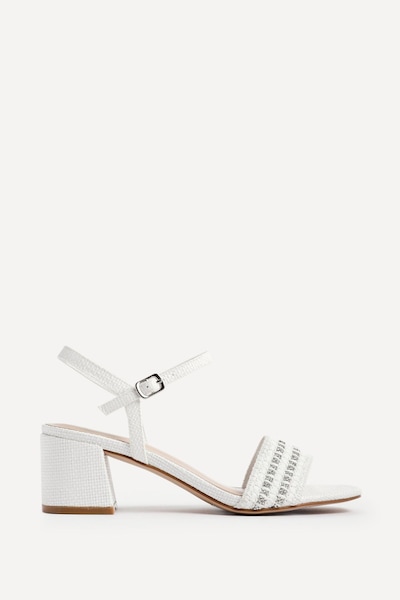 Linzi Indie White Raffia Diamante Block Heeled Sandal