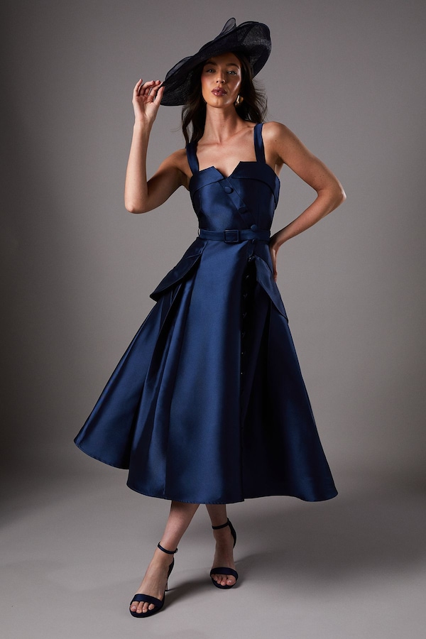Coast Lisa Tan Twill Volume Belted Midi Dress Navy