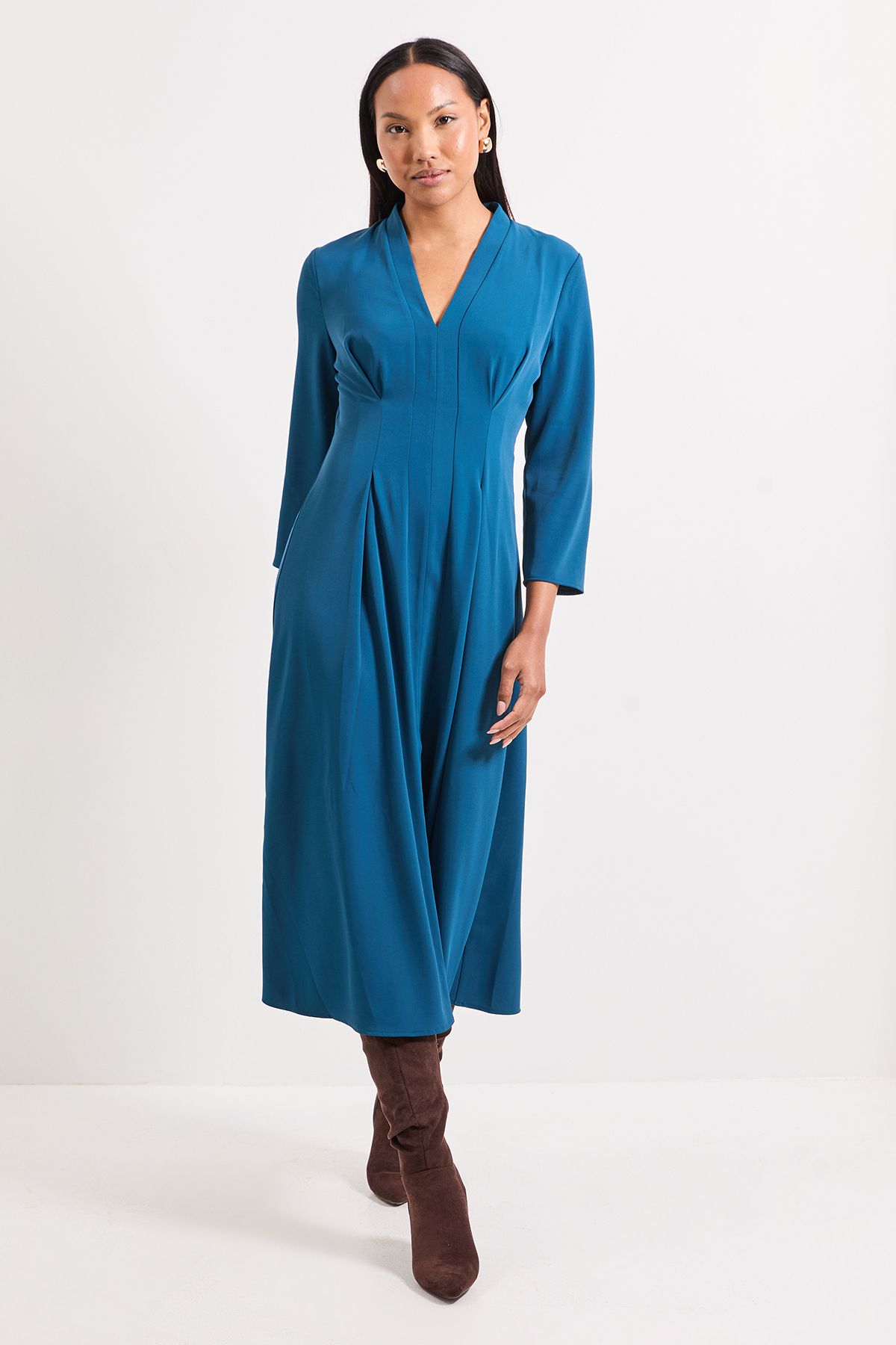 Principles Panel And Pleat Detail Crepe Midi Dress Teal image 1