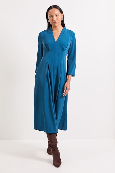 Principles Panel And Pleat Detail Crepe Midi Dress Teal